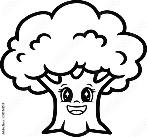 A cartoon tree with a smiling face and fluffy leaves