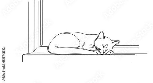 Sleeping Cat Sketch on Windowsill