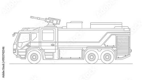 Aerodrome Fire Truck: A detailed line drawing of a specialized aerodrome fire truck, engineered for rapid response and equipped for battling aircraft fires at airfields.