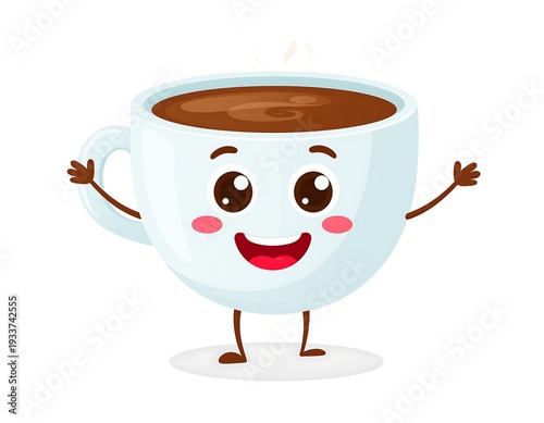 Animated white cup with coffee, smiling face, and waving arms on a white background