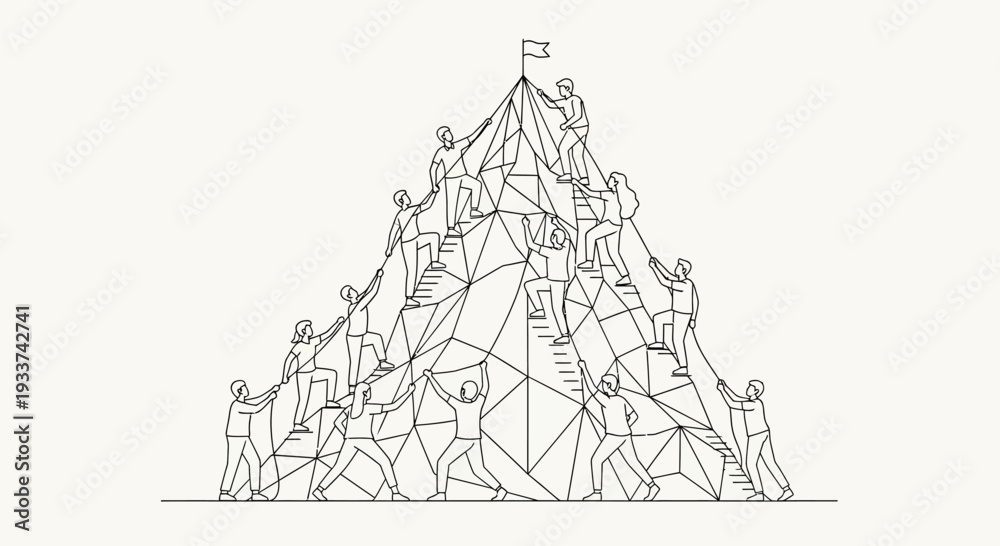 Fototapeta premium Teamwork climbing mountain summit, achieving goal, connection and collaboration concept