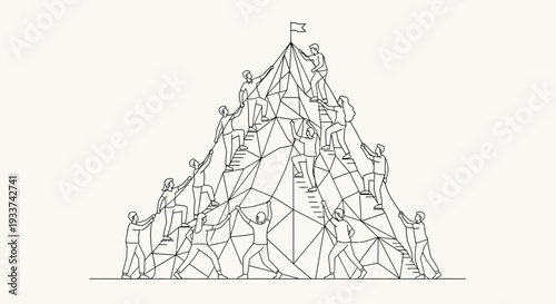 Teamwork climbing mountain summit, achieving goal, connection and collaboration concept
