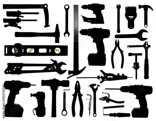 Assorted tools arranged as silhouettes against a white backdrop, appearing flat and two-dimensional