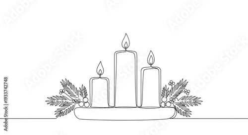 Three lit candles with pine branches and berries, minimalist line art, festive decoration