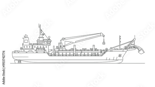 Vessel in operation: A detailed illustration of a cutter suction dredger, a specialized vessel crucial for excavation and maintenance in marine environments.