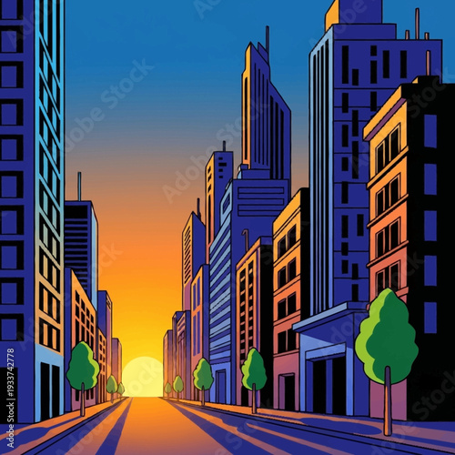 Cityscape with Modern Buildings at Sunset.