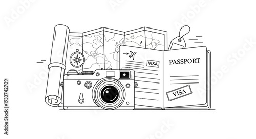 Travel Essentials: Camera, Passport, Map, and Compass Illustration