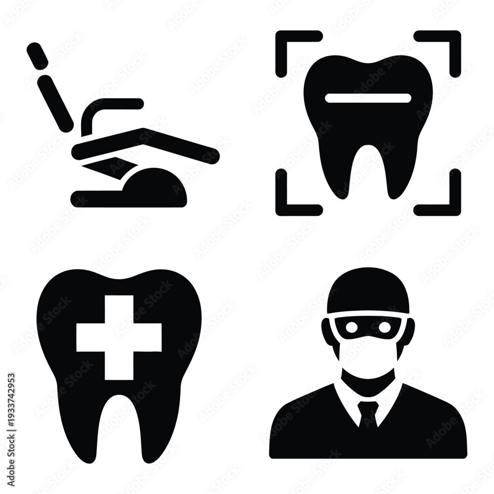 custom made wallpaper toronto digitalDental care icons illustrating a dentist's chair, tooth examination, medical cross tooth, and a masked dentist.