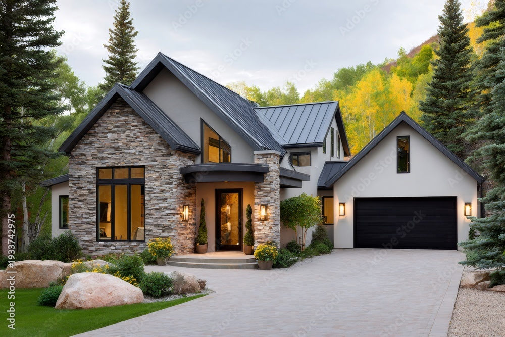 Obraz premium Modern mountain home with stone facade and autumn trees