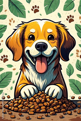 Happy Dog with Pile of Dog Food