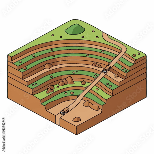 3D illustration of an open pit mine with layered earth and mining road.