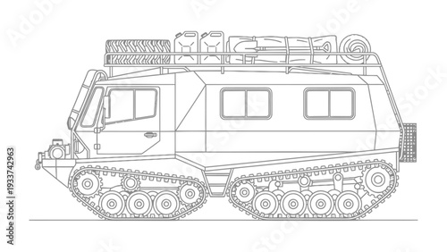 Arctic Expedition Vehicle Line Drawing: A detailed line drawing of an arctic expedition vehicle, meticulously crafted to traverse the harshest terrains and carry essential supplies for exploration. 