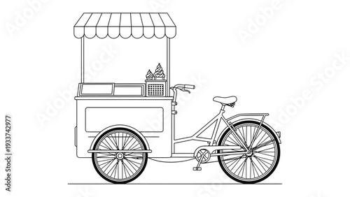 Vintage Bicycle Cart: A nostalgic black and white illustration of an ice cream bicycle cart, ready to serve delightful treats in a sunny day, evoke a sense of sweet moments and fun.