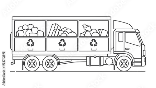 Recycling Truck: A line art illustration depicts a recycling truck with compartments filled with various recyclable materials, ready to collect and transport them