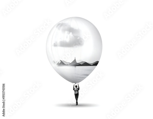 Balloon containing a monochrome landscape held by a figure, against a white background, floating in the air