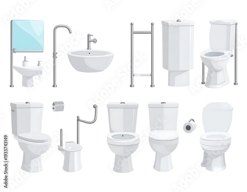 Bathroom fixtures collection toilets, sink, bidet, towel rack, and paper holders in white with silver hardware
