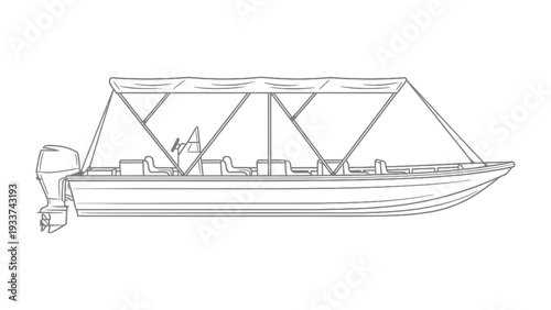 Boat outline: A sleek, shaded boat, designed for leisure and adventure, awaits on the water, its structure and lines showcasing nautical elegance and travel readiness.