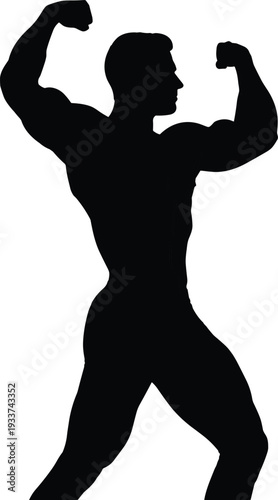 Bodybuilder flexing muscles silhouette, strong muscular man posing isolated black vector illustration side view