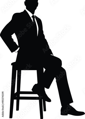 Businessman sitting on chair silhouette, confident corporate male pose isolated black vector illustration on white background