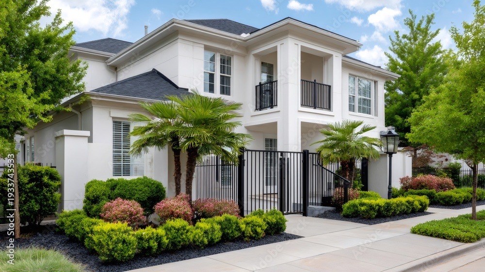 Fototapeta premium White luxury house featuring landscaping and palm trees