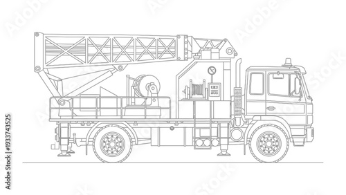 Modern Fire Truck in Side View: Detailed side view captures the functionality of a fire truck, highlighting its rescue ladder and essential equipment against a plain backdrop.