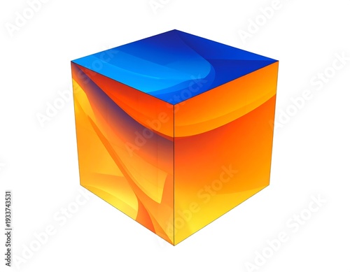 A vibrant cube rendered with flowing, abstract designs, colored blue, orange, and yellow