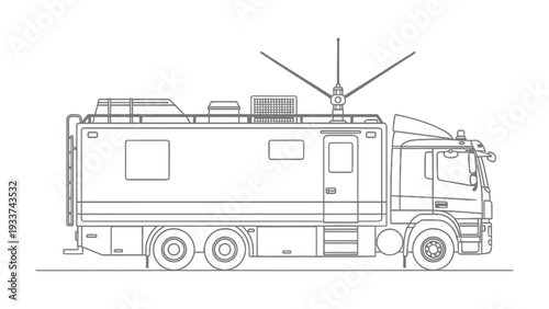 Mobile Communication Vehicle: An outline illustration of a specialized communication vehicle, equipped with antennas, designed for seamless connectivity in the field. 