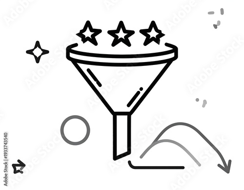 Black and white line art depicts a funnel filled with stars, with an arrow showing flow