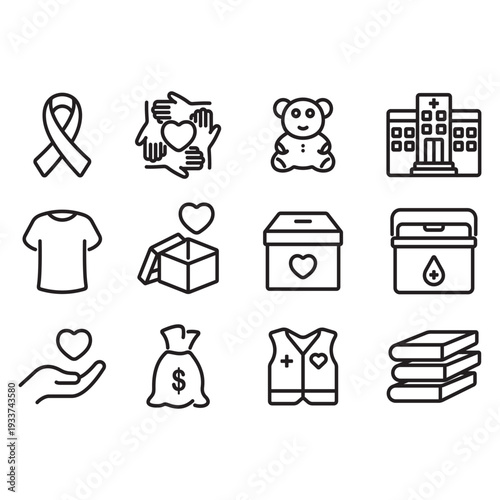 A collection of charity and donation icons. Symbols of volunteer help, support, assistance, sharing, and solidarity. Vector line style.