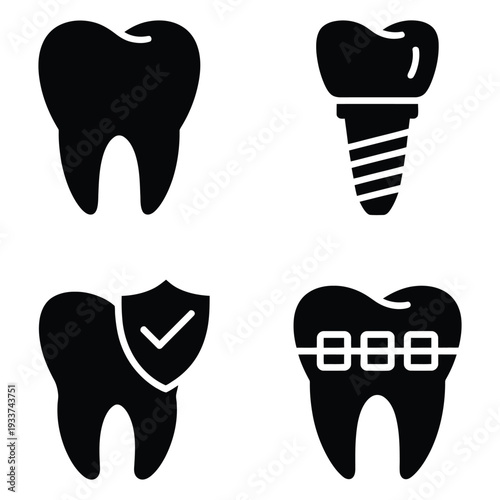 Dental icons showcasing a healthy tooth, implant, protected tooth, and braces for orthodontic treatment.