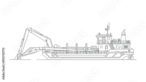 Dredger illustration : A detailed line drawing showcases a powerful dredger in operation, highlighting its robust machinery and intricate design, essential for waterway maintenance and construction.