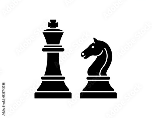 Black chess pieces, king and knight, isolated on white background, silhouette art