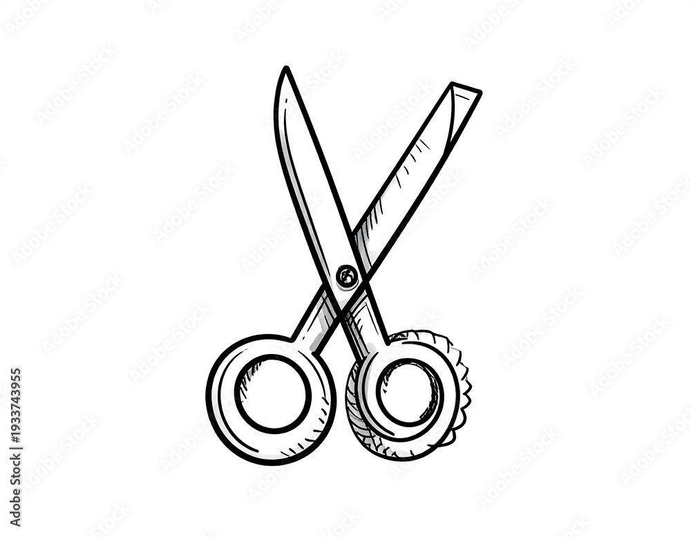 Fototapeta premium Black outlined scissors on a white background, one handle is round while the other is ridged