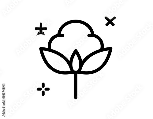 Black line art cotton plant with a fluffy bloom and short stem, plus sparkle accents