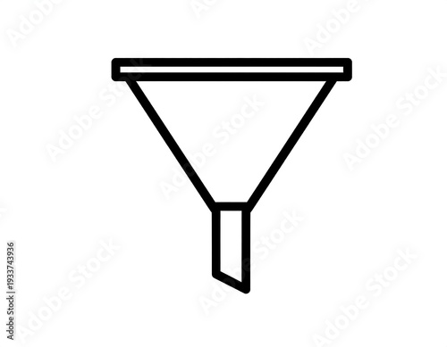 Black outline of a funnel, wide-mouthed at the top and narrowing to a narrow spout at the bottom, on a white background