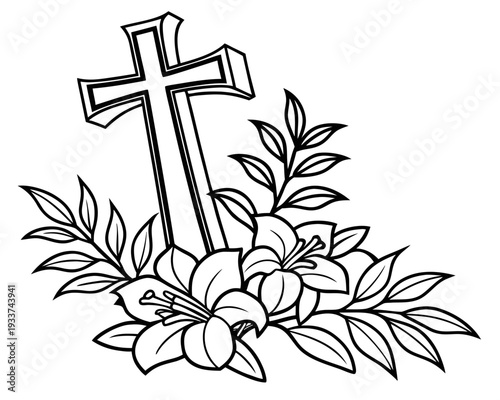 Easter Cross with Flowers coloring book silhouette vector illustration isolated on white background