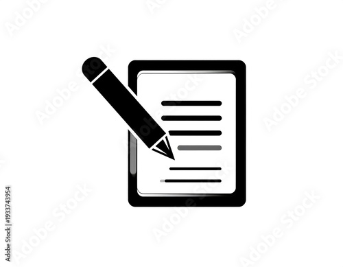 Black outline of tablet screen with writing and pen against white backdrop in simple minimalist art style