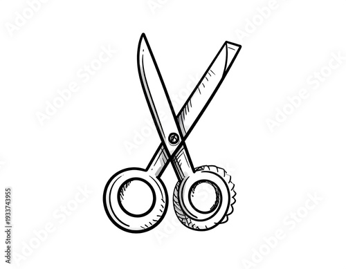 Black outlined scissors on a white background, one handle is round while the other is ridged