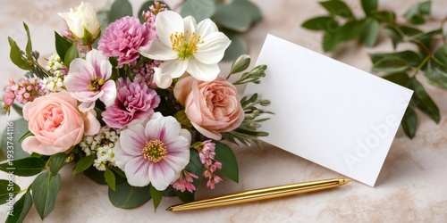 Floral bouquet with blank card and gold pen