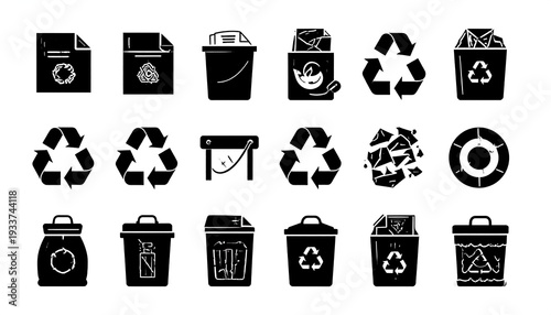 Black silhouette icons of recycling and waste management, variety of shapes and styles against a white backdrop