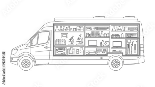 Mobile Lab Unveiled: A detailed illustration reveals the interior of a mobile laboratory van, packed with scientific instruments, computers, and essential equipment.