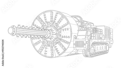 Tunnel Boring Machine: a detailed illustration showcasing a modern tunnel boring machine, a marvel of engineering, against a blank backdrop.