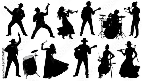 Black silhouettes of musicians play various instruments, standing against a white background in jazz concert style