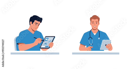 Two doctors consulting over patient data on digital tablets