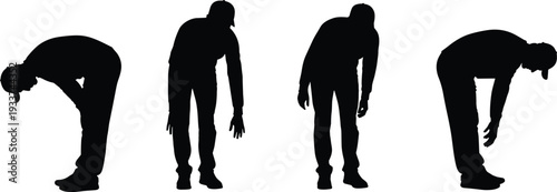 Man bending forward silhouette set, tired exhausted male pose isolated black vector illustration collectionMan bending forward silhouette set