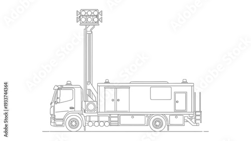 Emergency Light Truck: A detailed line drawing showcases a specialized truck, designed for emergency services, equipped with a high-mast lighting system, ready to illuminate critical situations.