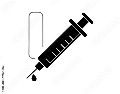 Black syringe icon diagonally with a drop, beside a medical vial. Black and gray on white