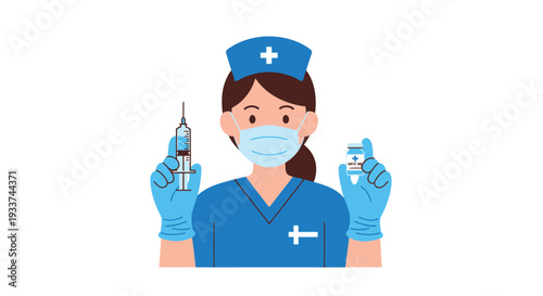 Nurse illustration holding vaccination syringe and vial with protective gear