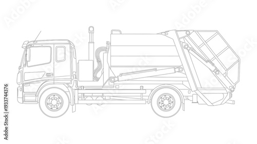 Garbage Truck Silhouette: A detailed outline of a garbage truck, showcasing its industrial design and functionality, ready for waste collection.