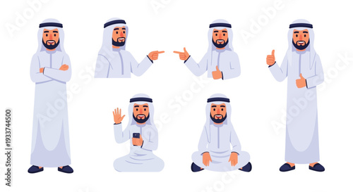 Six arab men in traditional clothing showing different gestures and poses